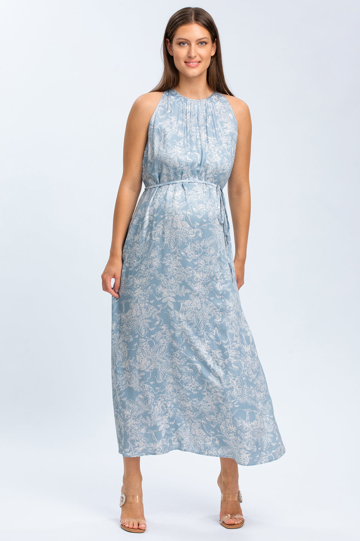 Abito premaman elegante lungo azzurro con fantasia floreale e scollo all'americana