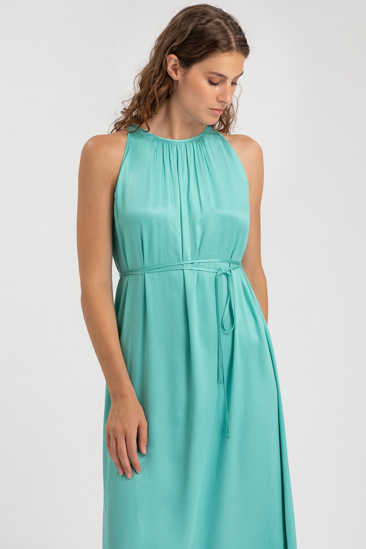 Abito premaman elegante verde acqua senza maniche con cintura, moda gravidanza