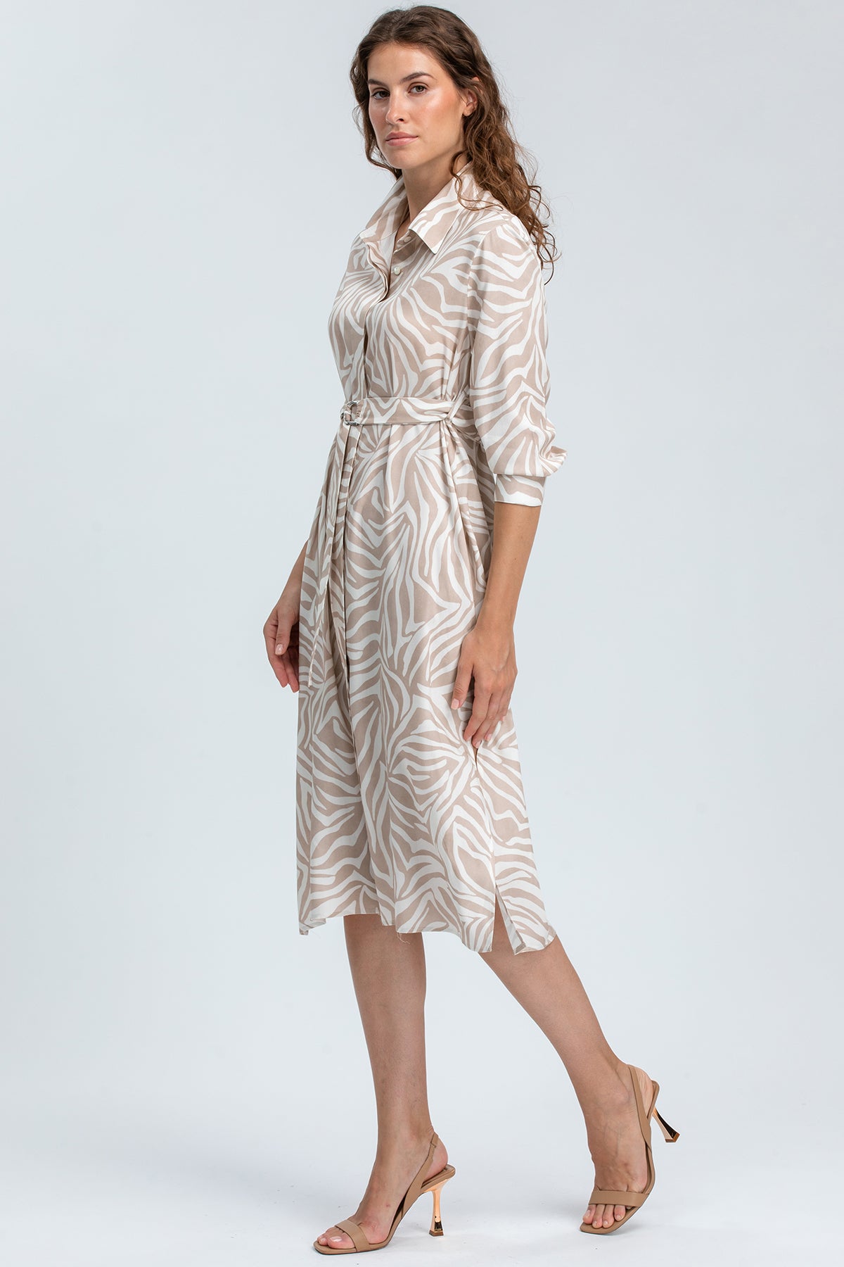 Abito premaman elegante donna fantasia animalier beige, maniche lunghe, vestibilità comoda