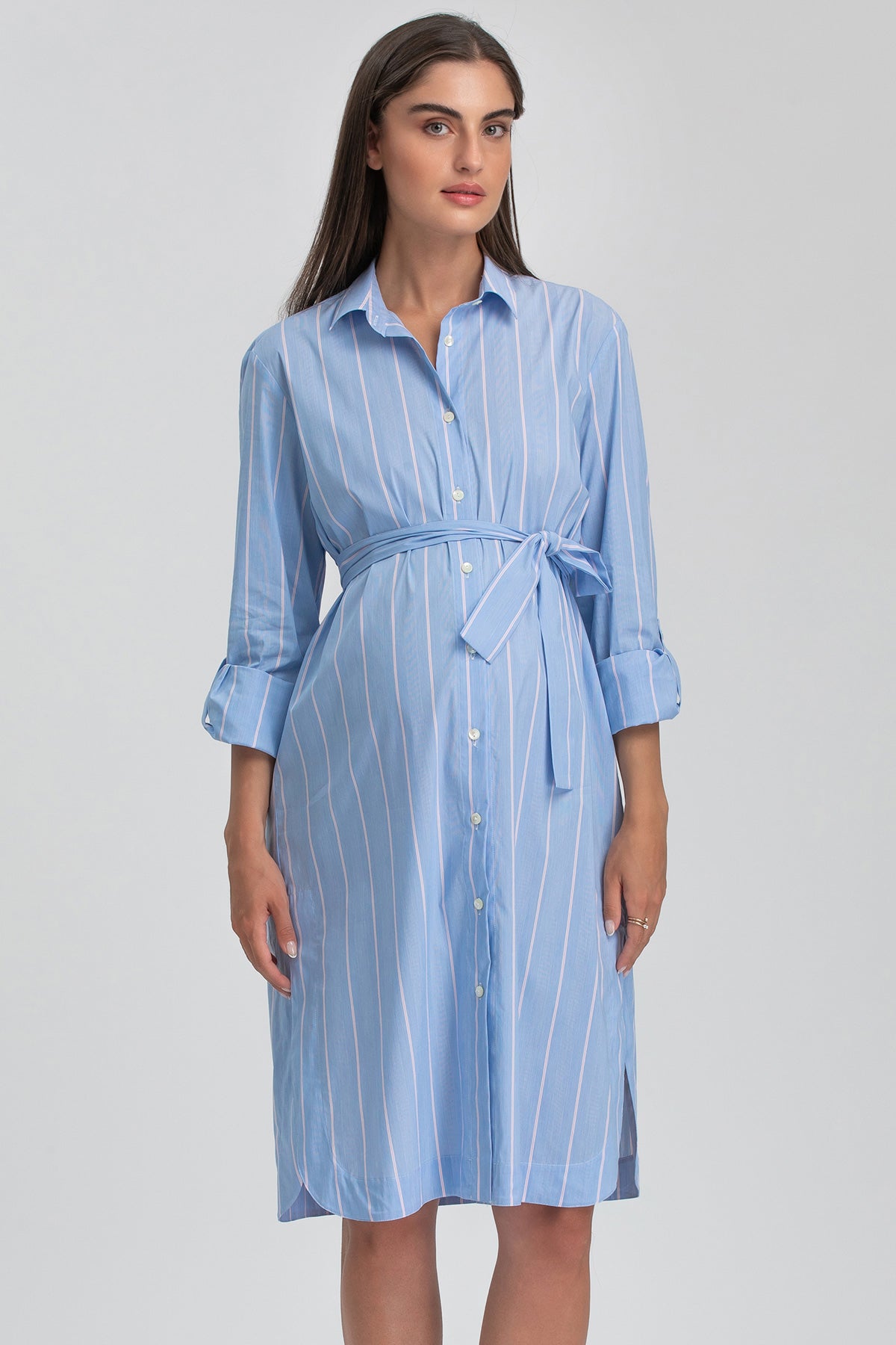 Abito premaman camicia azzurro a righe con cintura in vita, maniche lunghe
