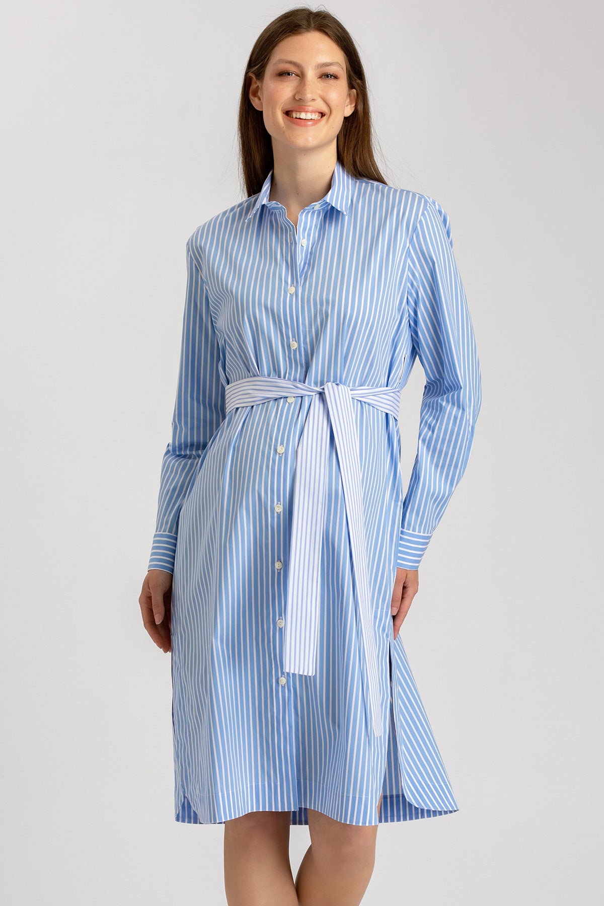 BIANCA | Abito Camicia Premaman e Allattamento in Cotone Blu a Righe Bianche