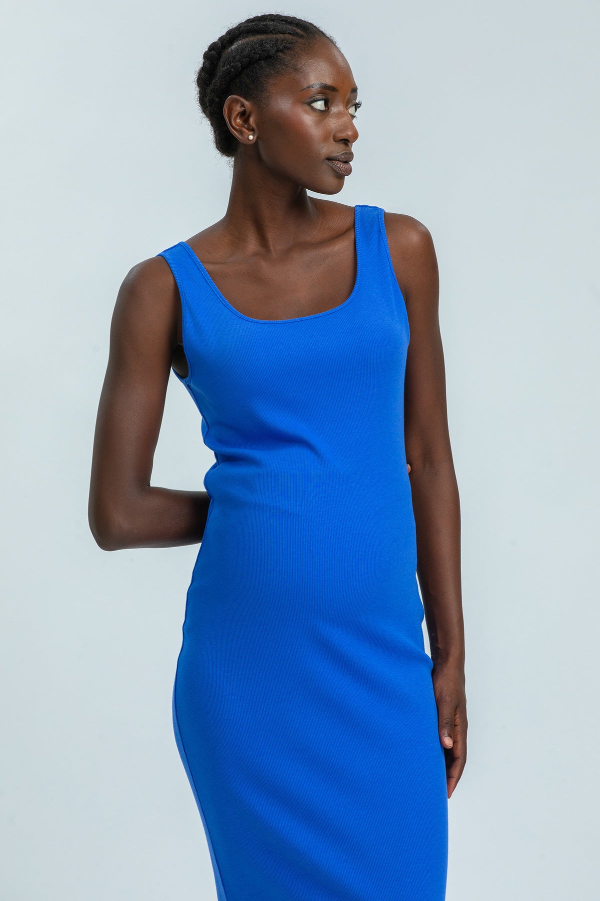 Abito premaman elegante blu senza maniche, ideale per gravidanza