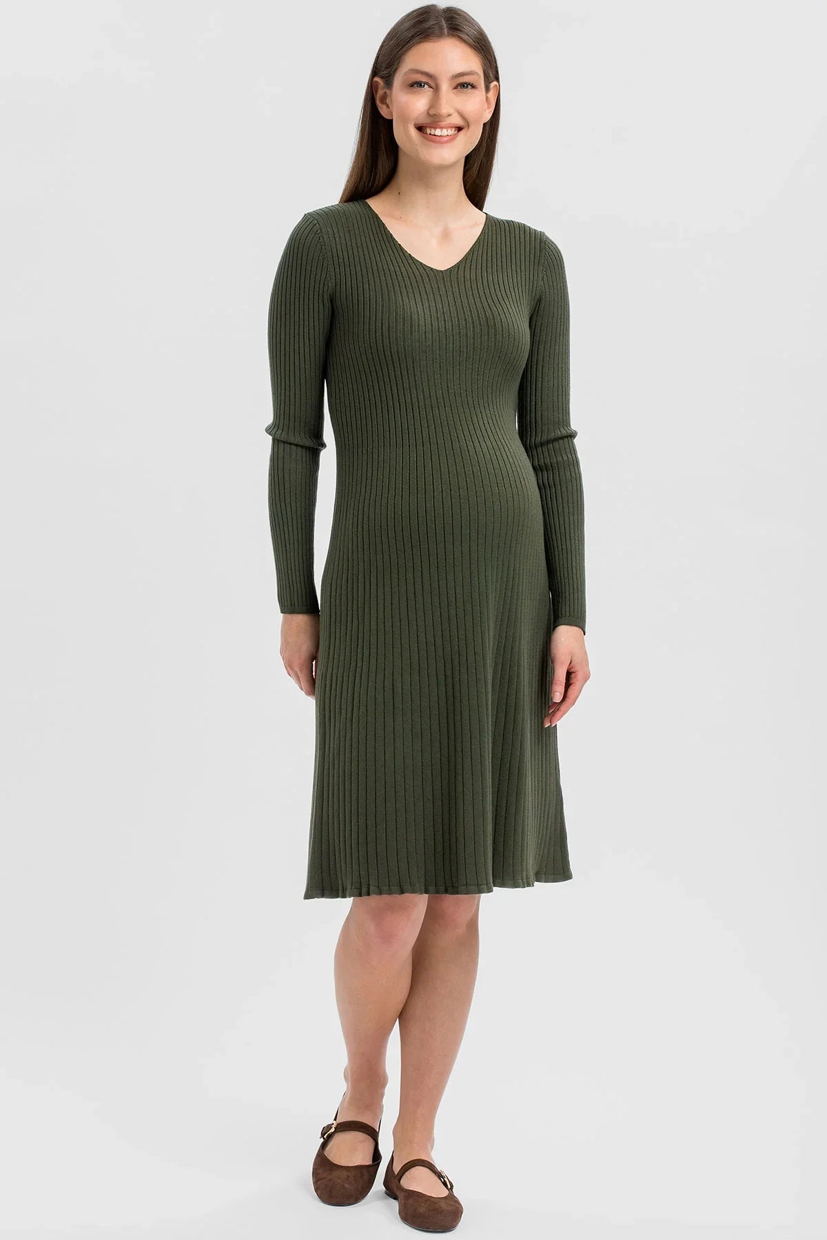  Abito Premaman Verde Oliva Svasato con Scollo a V