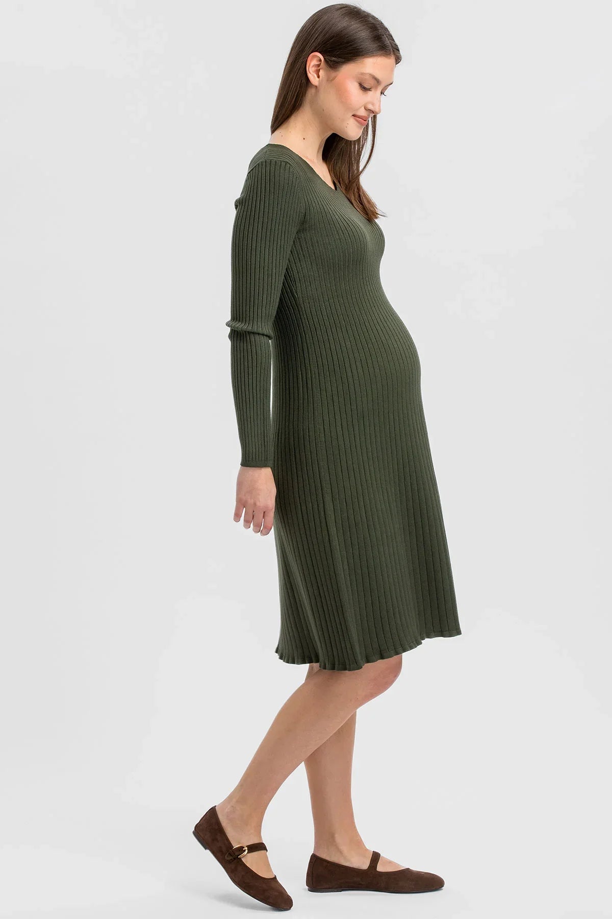  Abito Premaman Verde Oliva Svasato con Scollo a V