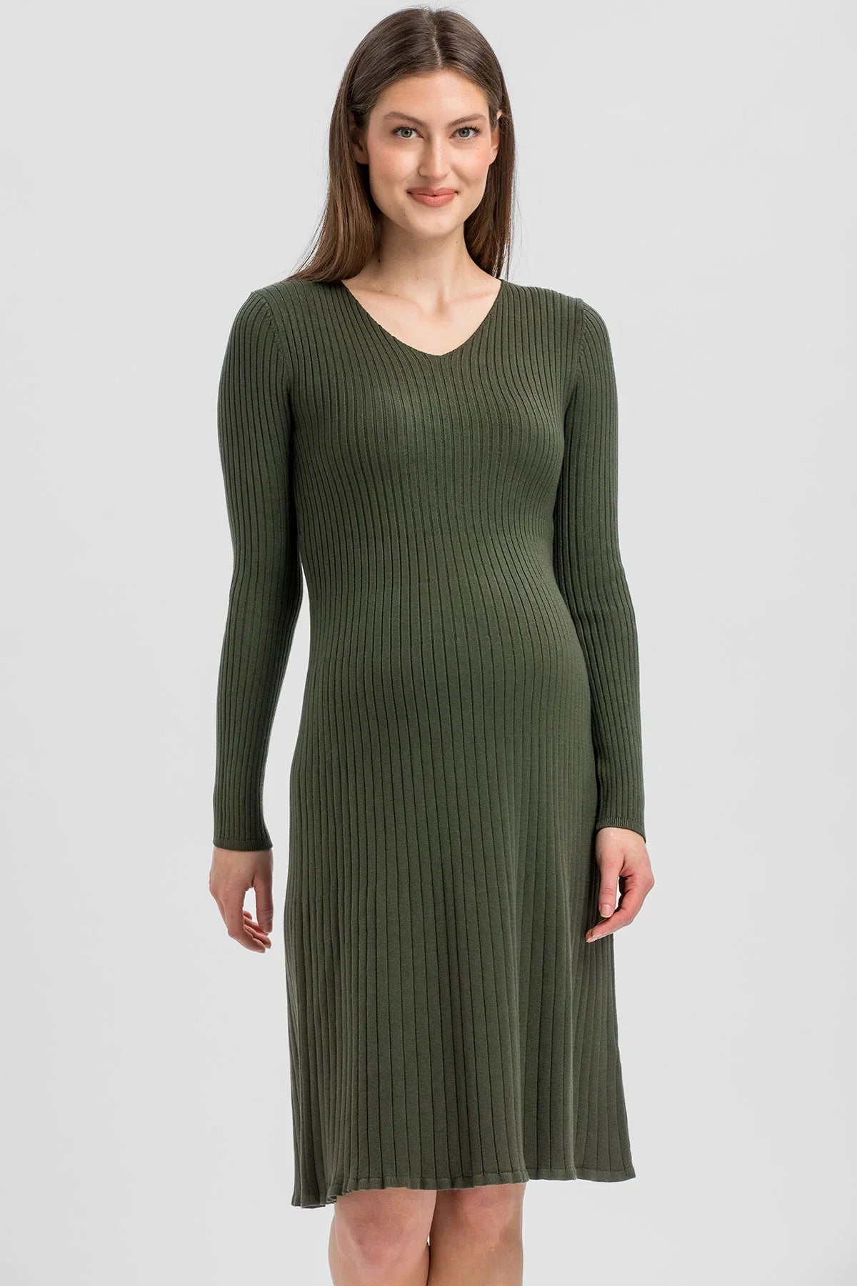  Abito Premaman Verde Oliva Svasato con Scollo a V
