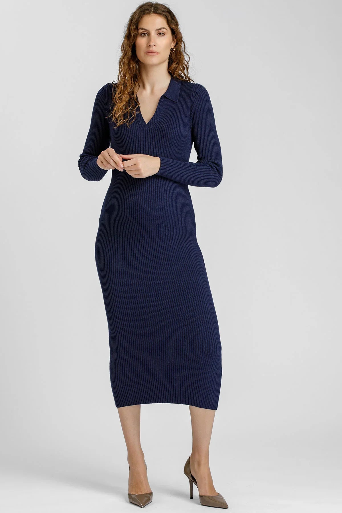 Dark Blue Ribbed Maternity Dress with Polo Collar