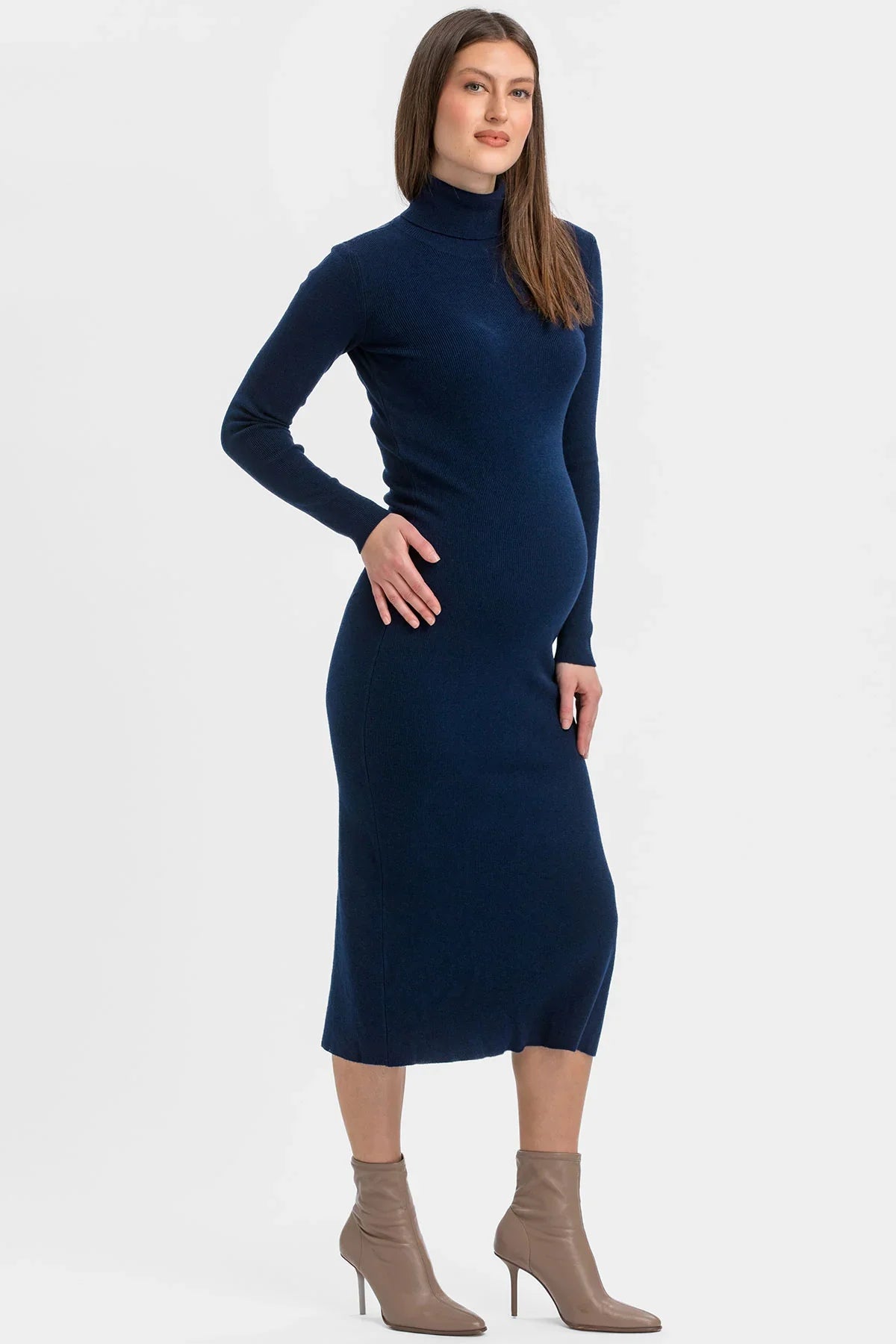 Abito premaman blu in maglia con collo alto