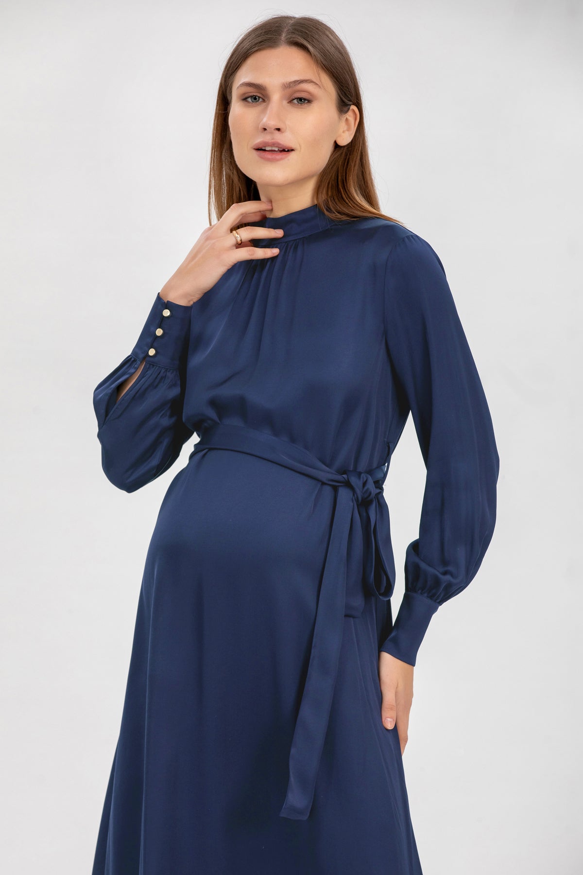 Abito premaman elegante blu a maniche lunghe con cintura in vita, ideale gravidanza