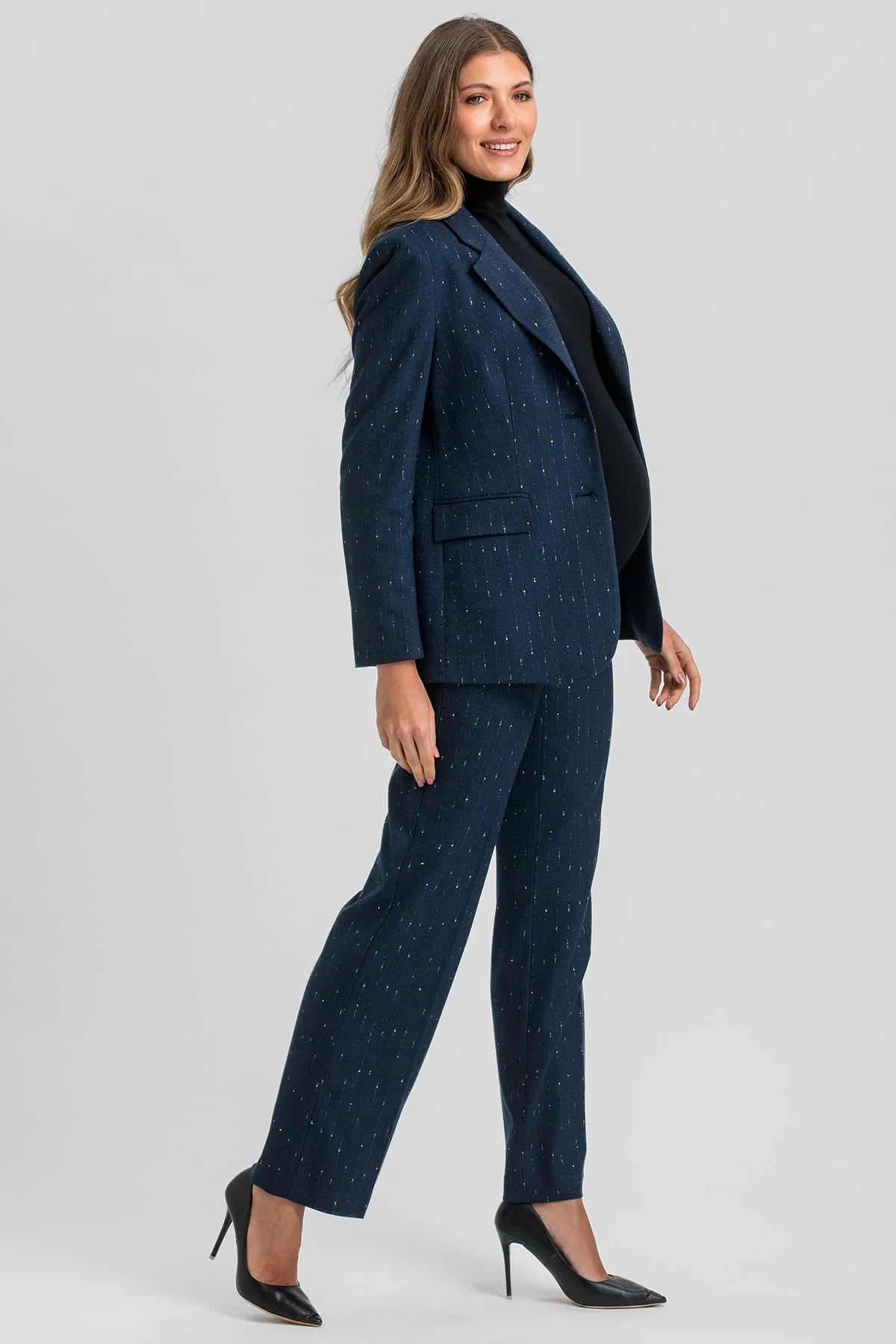 Blue maternity suit with blazer and wide-leg trousers.