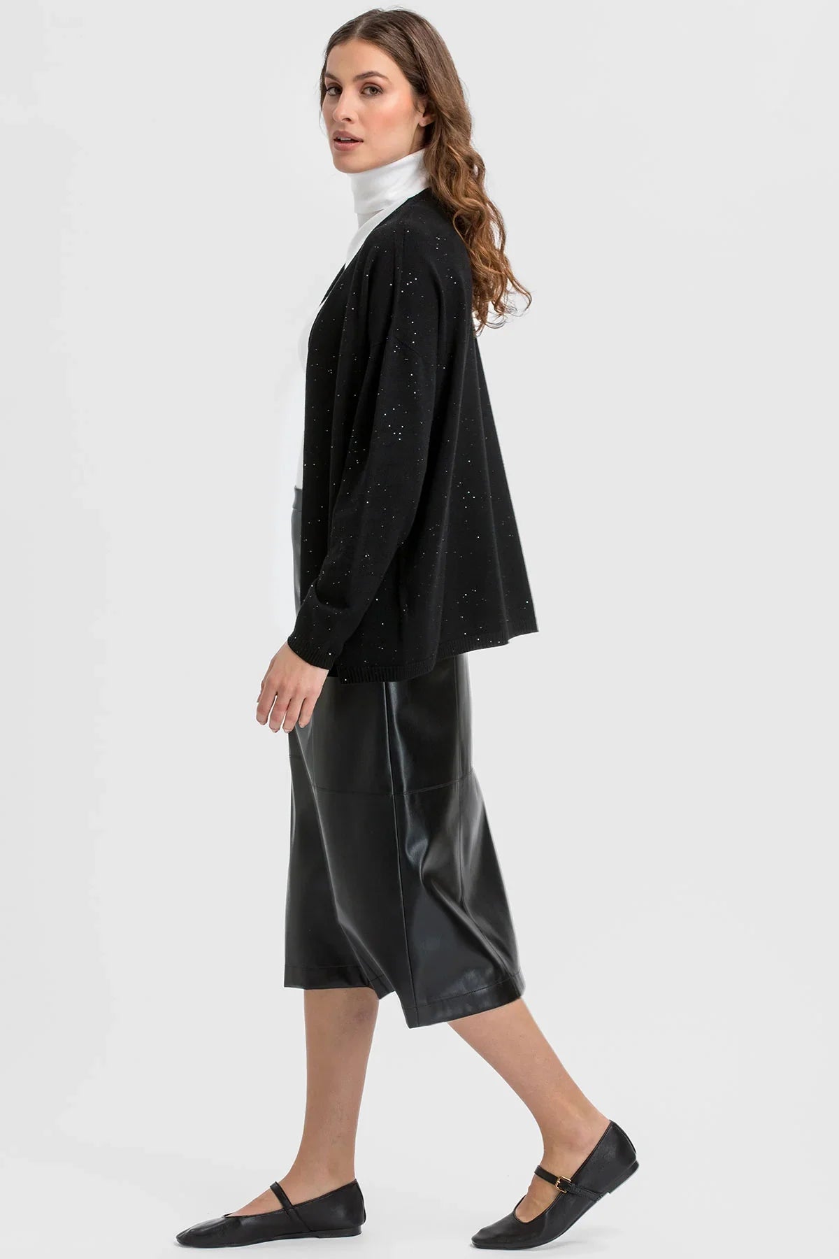 Black maternity cardigan with micro sequins.  
