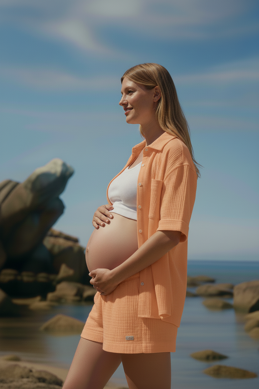 Donna incinta con abbigliamento premaman arancione in riva al mare