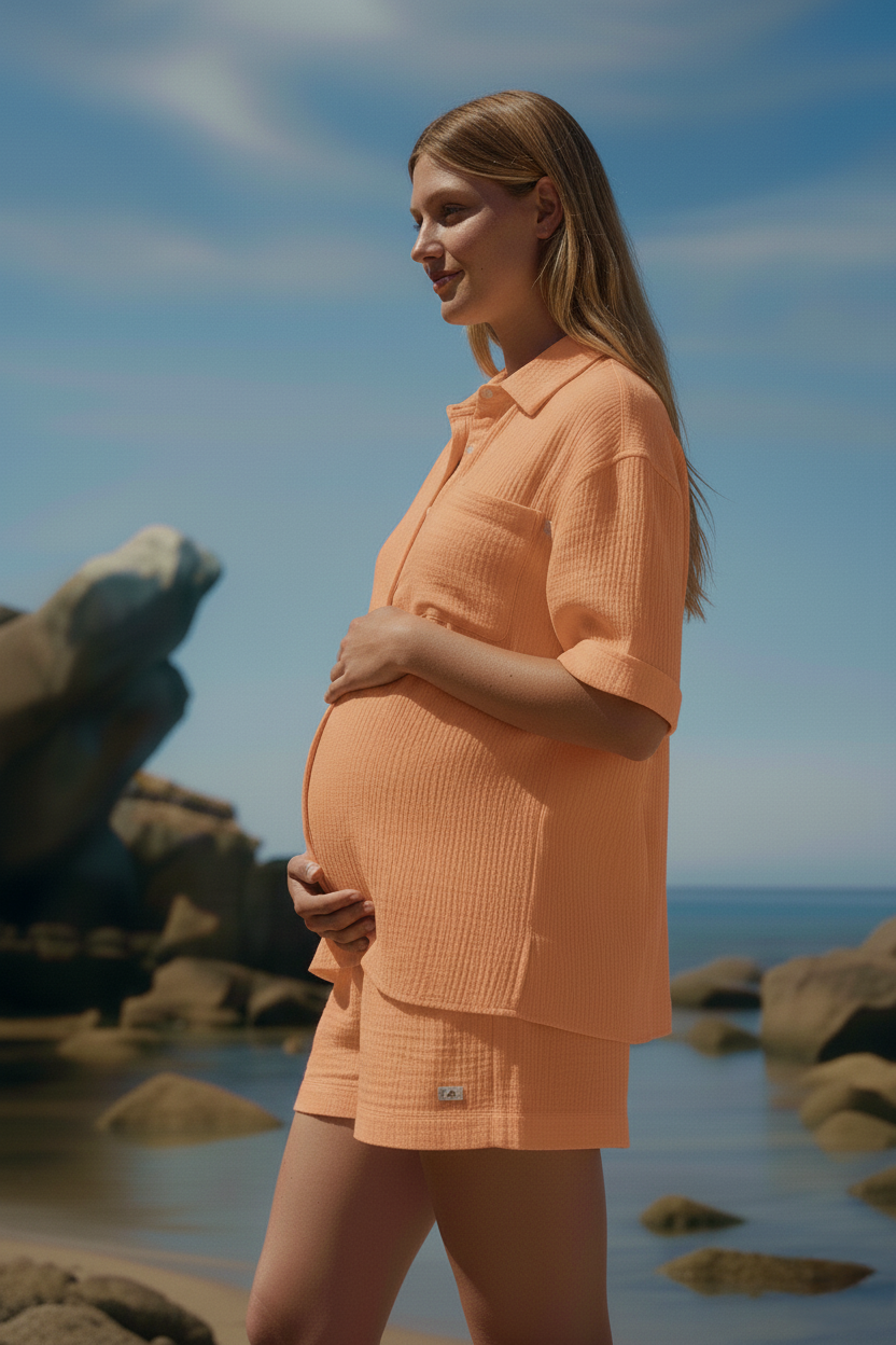 Donna incinta con abbigliamento premaman arancione su spiaggia rocciosa, moda gravidanza.