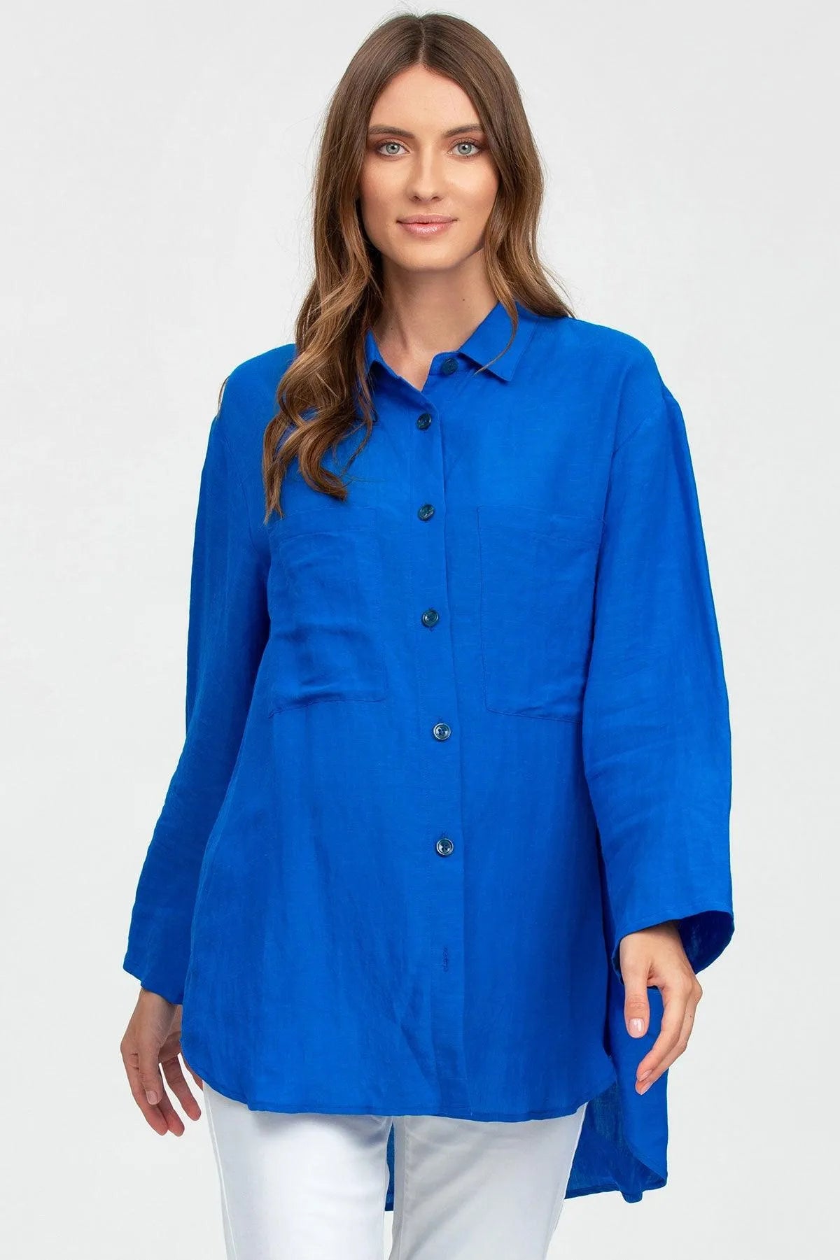 Camicia premaman blu elettrico a maniche lunghe, tessuto leggero, abbigliamento gravidanza