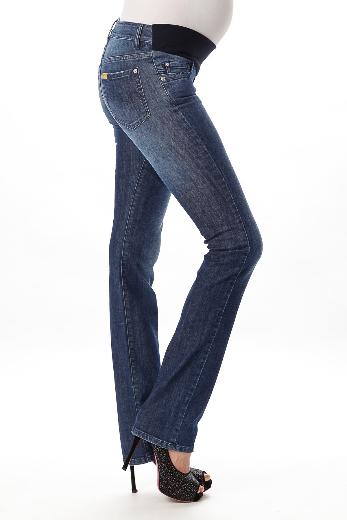 Jeans premaman elasticizzati a zampa con fascia addominale, moda abbigliamento gravidanza