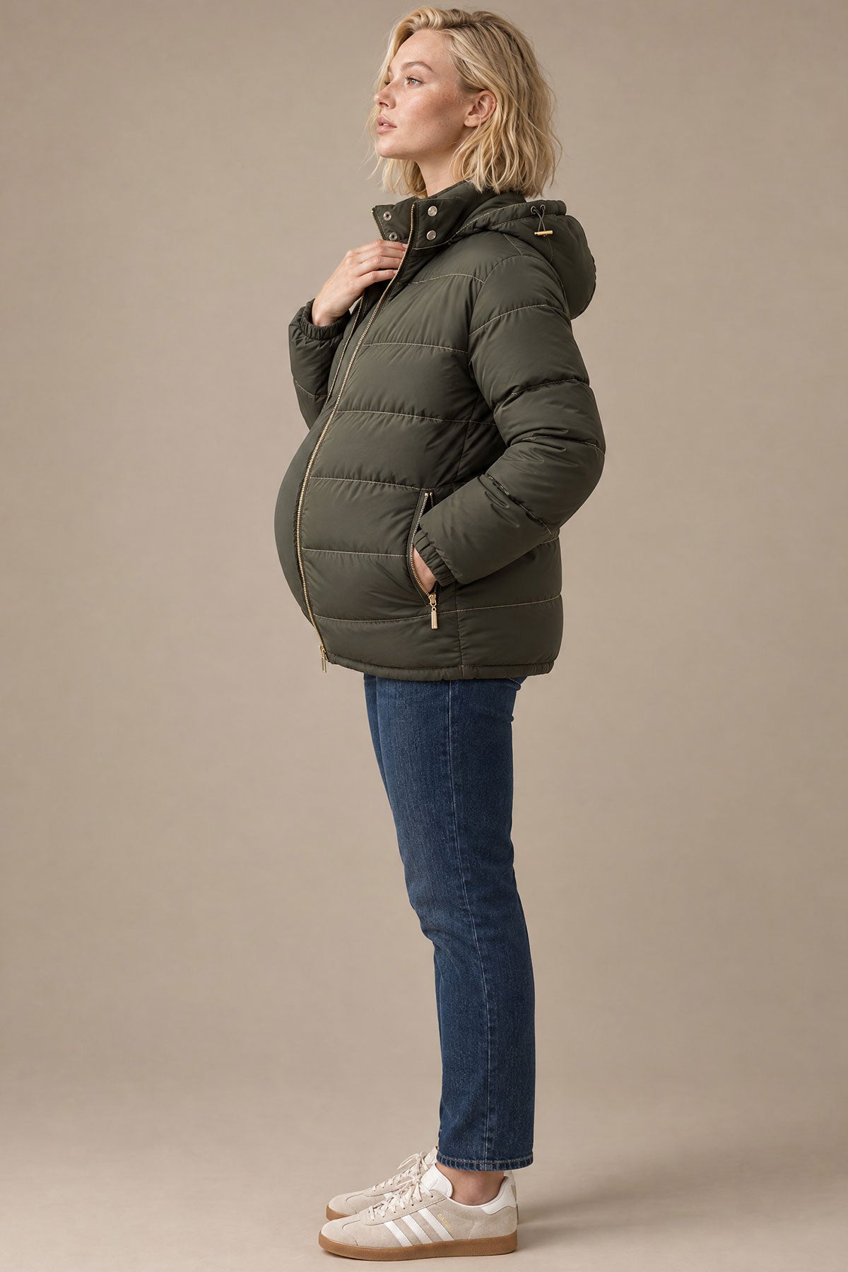 Khaki maternity puffer jacket with hood.
