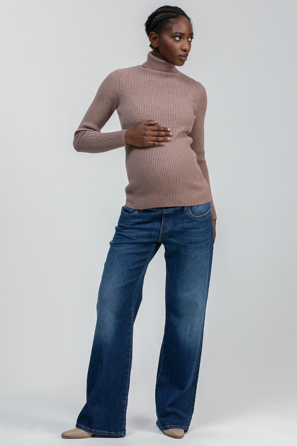 Jeans premaman a gamba larga con fascia elastica