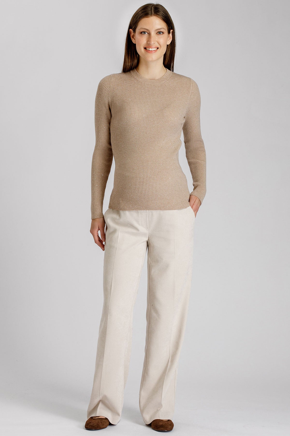 ODETTE | Maglia Premaman Beige a Costine con Dettagli Luminosi
