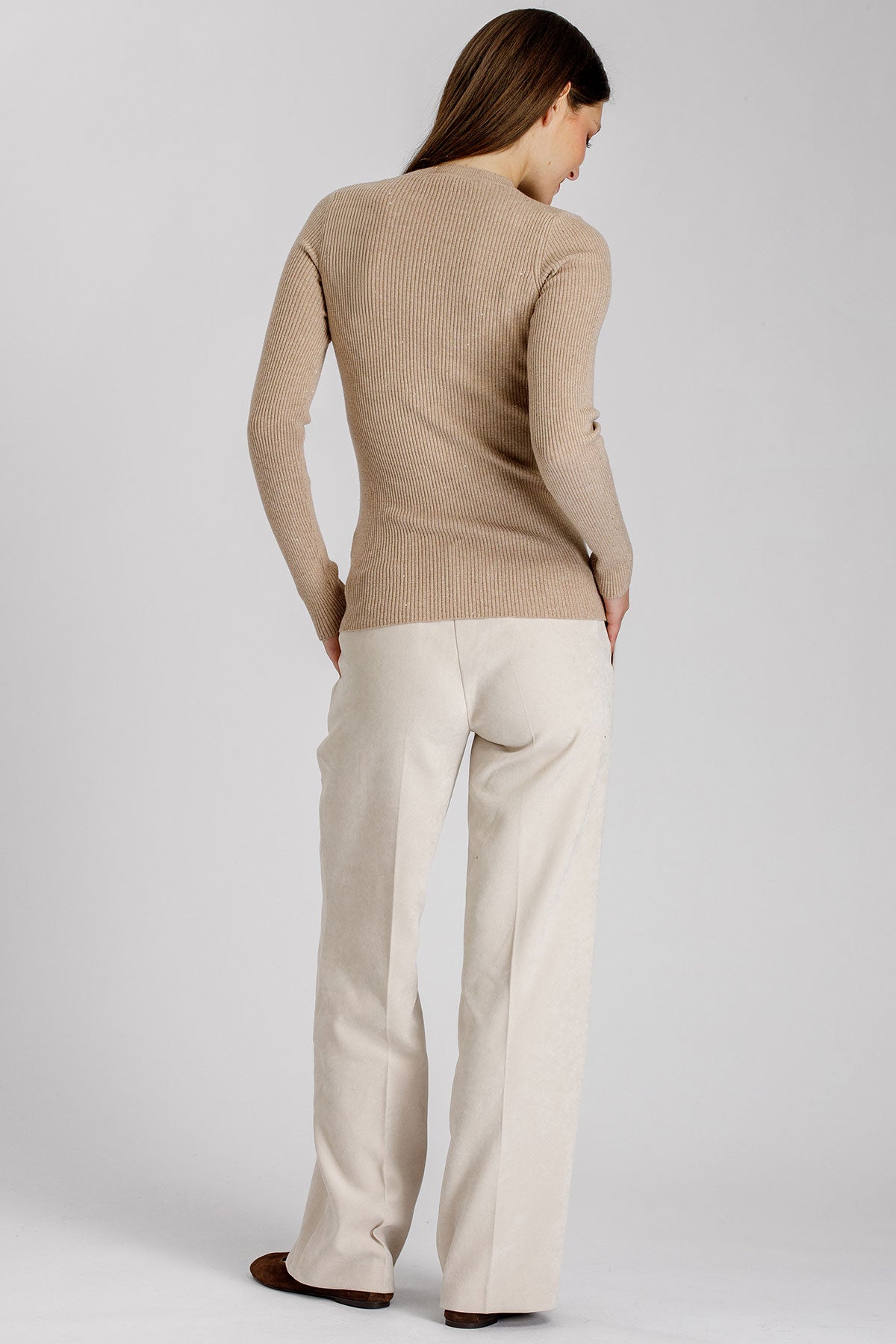 ODETTE | Maglia Premaman Beige a Costine con Dettagli Luminosi