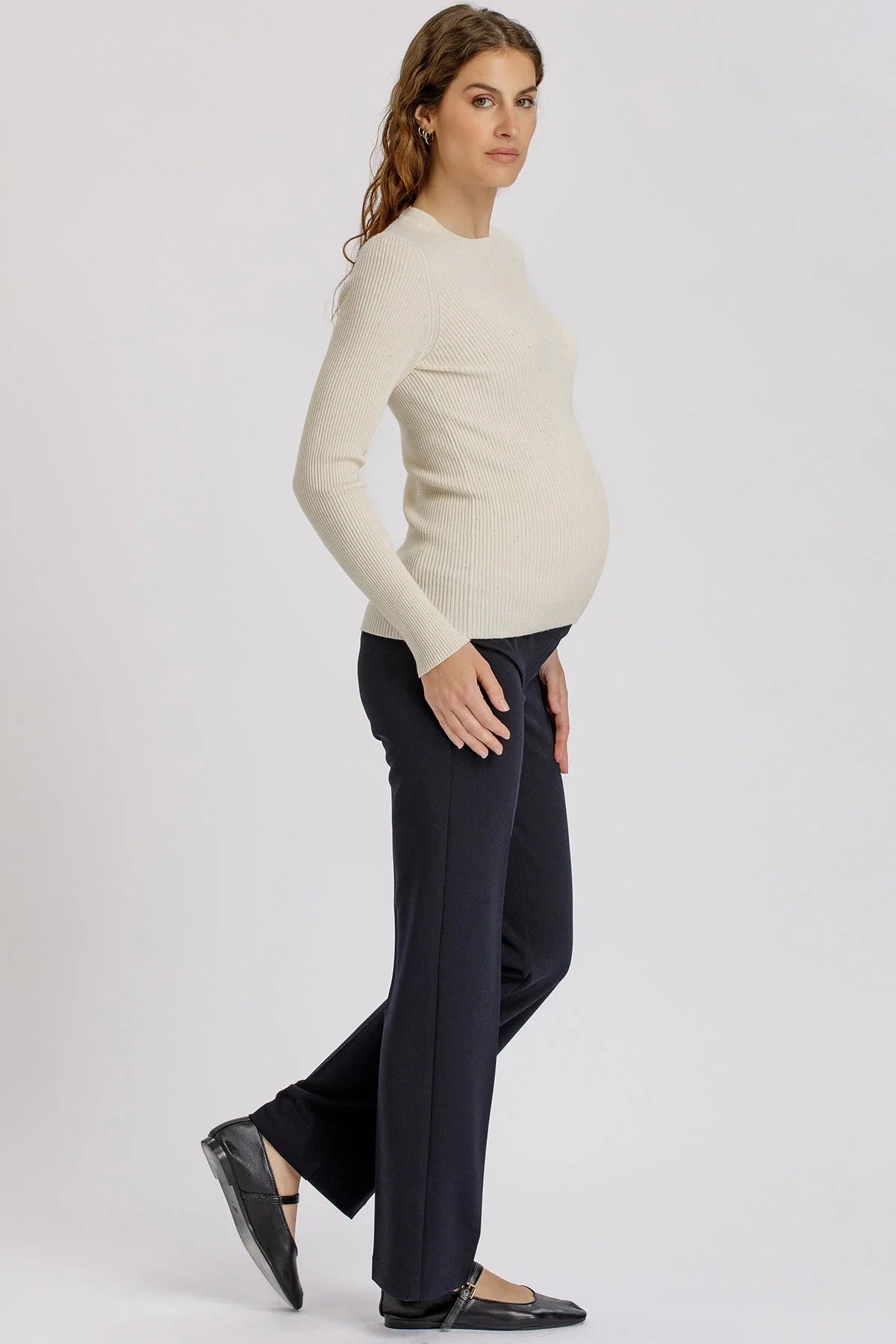 Maglia Premaman Crema a Costine con Dettagli Luminosi
