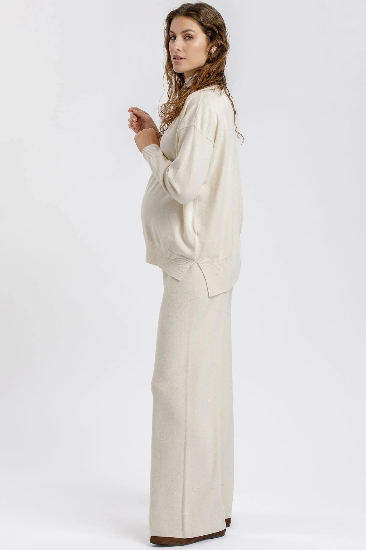 Pantaloni Premaman Crema a Gamba Larga con micro paillettes