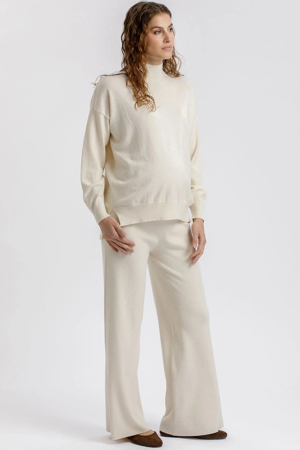 Pantaloni Premaman Crema a Gamba Larga con micro paillettes