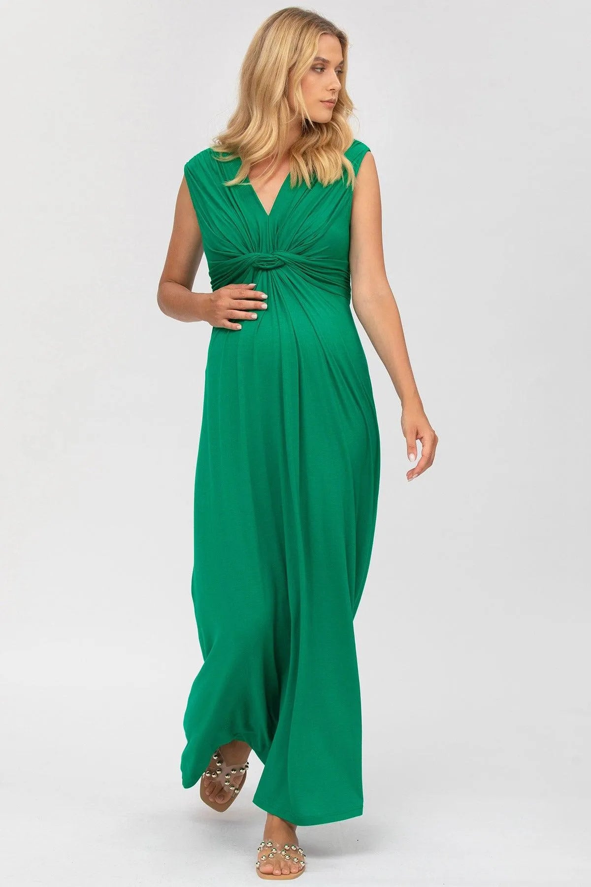 Abito premaman elegante verde senza maniche, tessuto fluido, per gravidanza