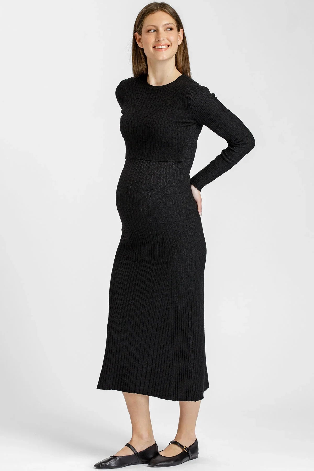 Black Ribbed Maternity & Nursing Dress