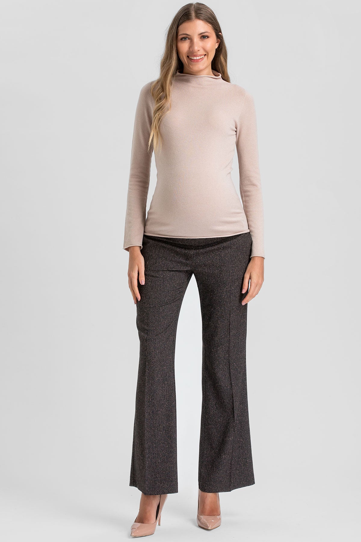 Pantaloni Premaman Marrone Mélange a Gamba Leggermente Svasata per un look sofisticato