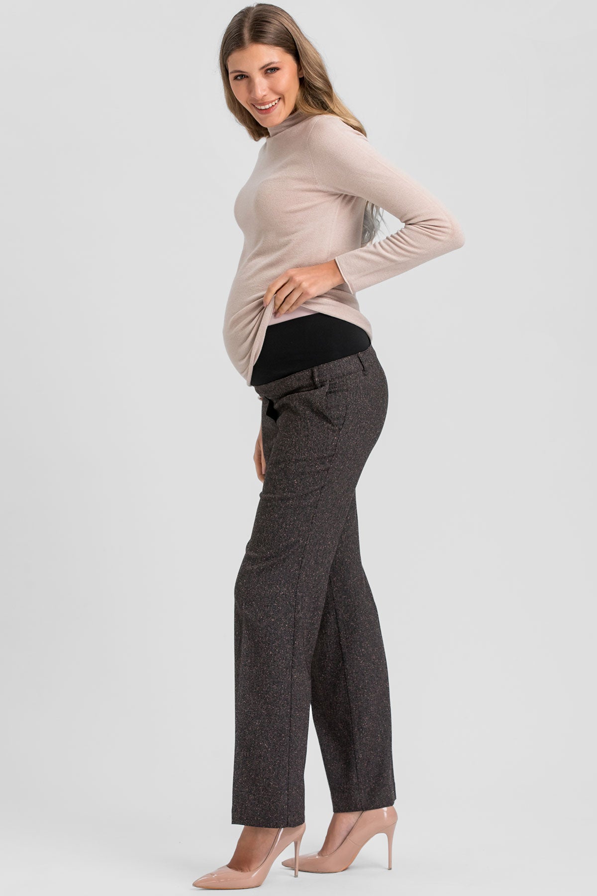 MAXIMILIAN | Brown Donegal Slightly Flared Maternity Pants