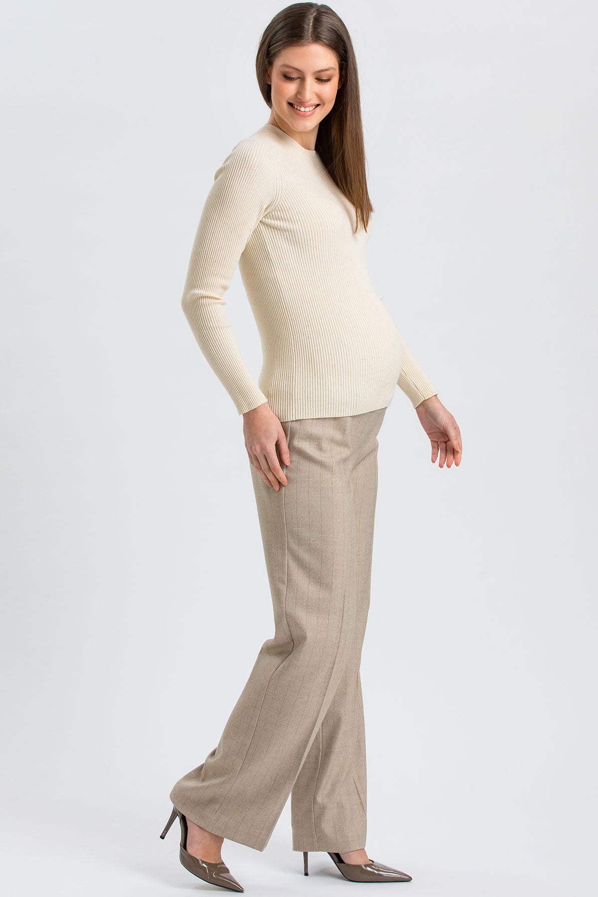 NATE | Pantaloni Premaman Beige a Gamba Larga