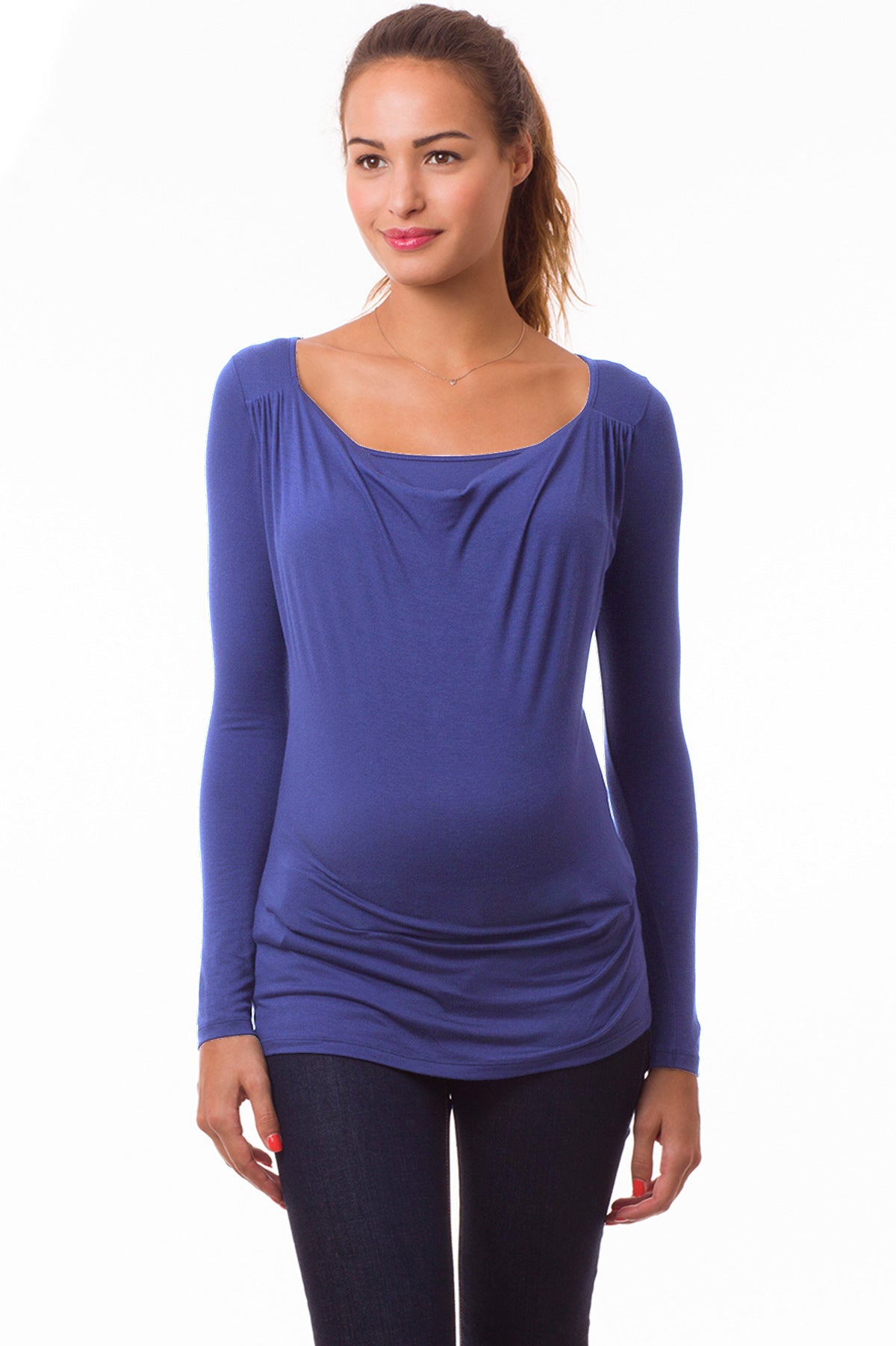 Maglia premaman blu manica lunga, abbigliamento gravidanza elegante e confortevole