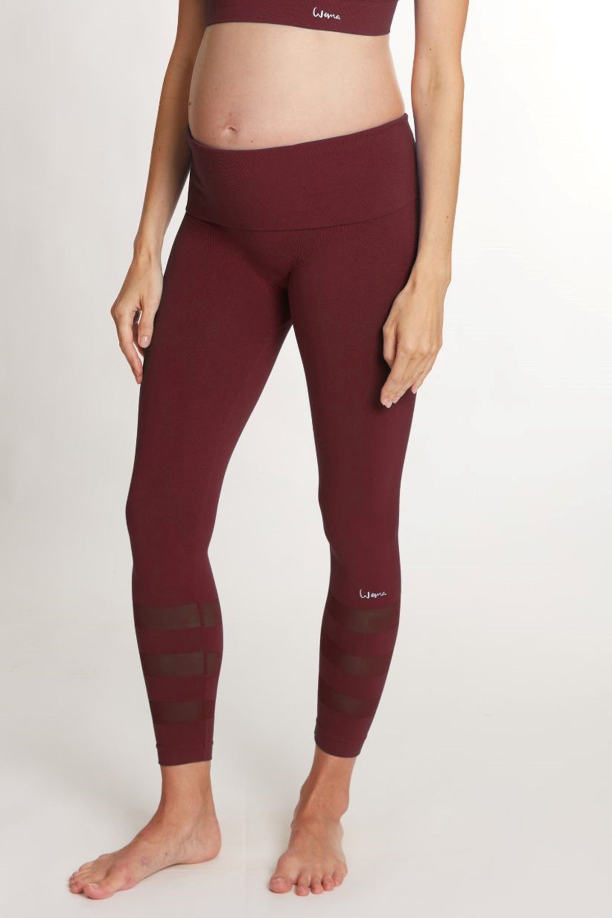 Leggings premaman bordeaux a vita alta con dettagli trasparenti, abbigliamento gravidanza