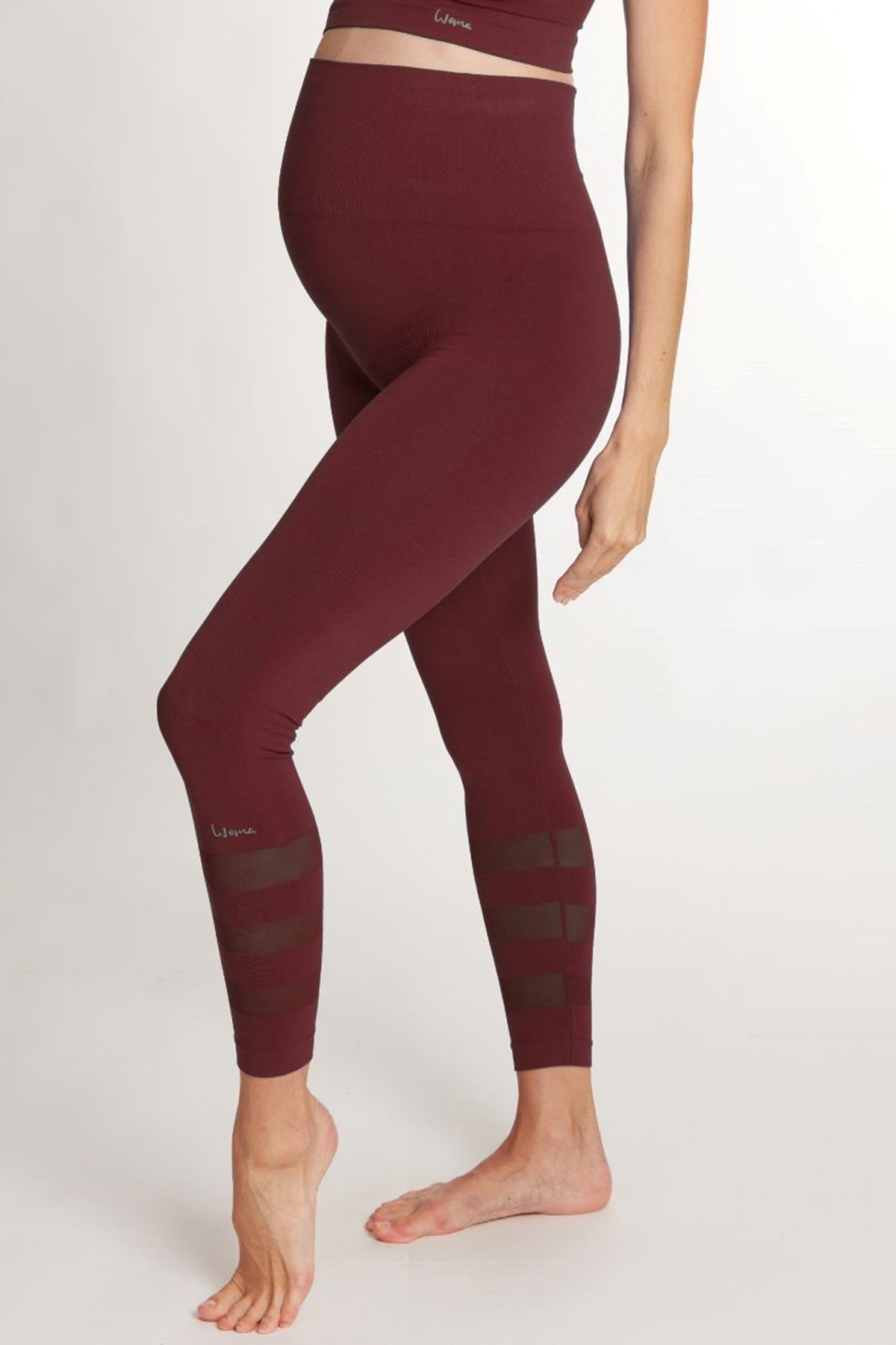 Leggings premaman bordeaux con fascia alta per gravidanza, dettagli trasparenti sulle gambe