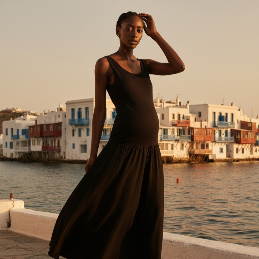 Vestito premaman estivo nero, donna incinta all’aperto vicino al mare, abbigliamento premaman elegante