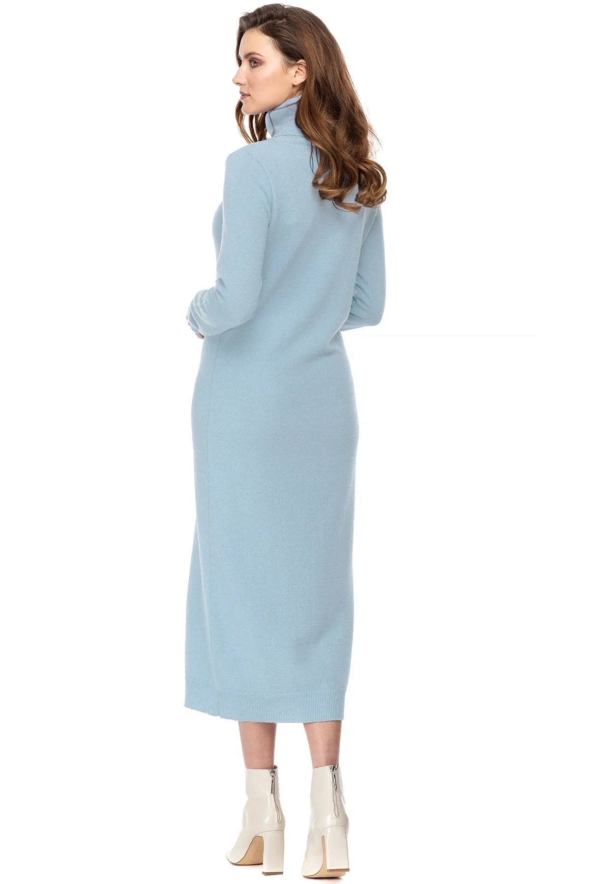 Abito premaman lungo in lana e cachemire azzurro con collo alto di Pietro Brunelli Maternity