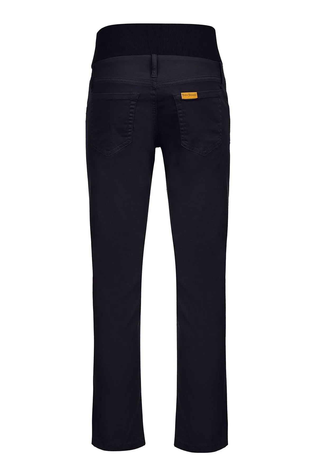 Pantaloni premaman neri con fascia elasticizzata in vita, vista posteriore, cotone morbido.