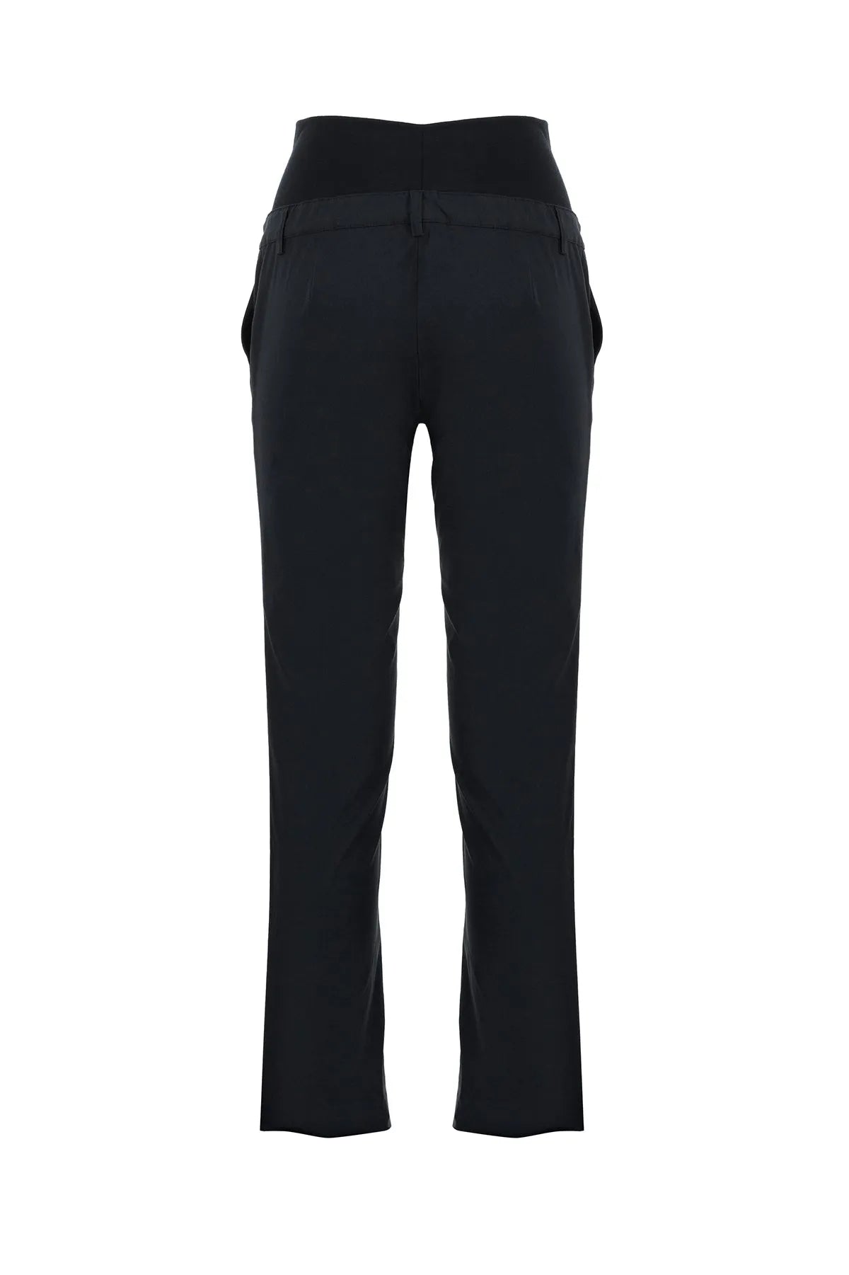 Pantaloni premaman neri eleganti con fascia elastica alta, vista posteriore su sfondo bianco