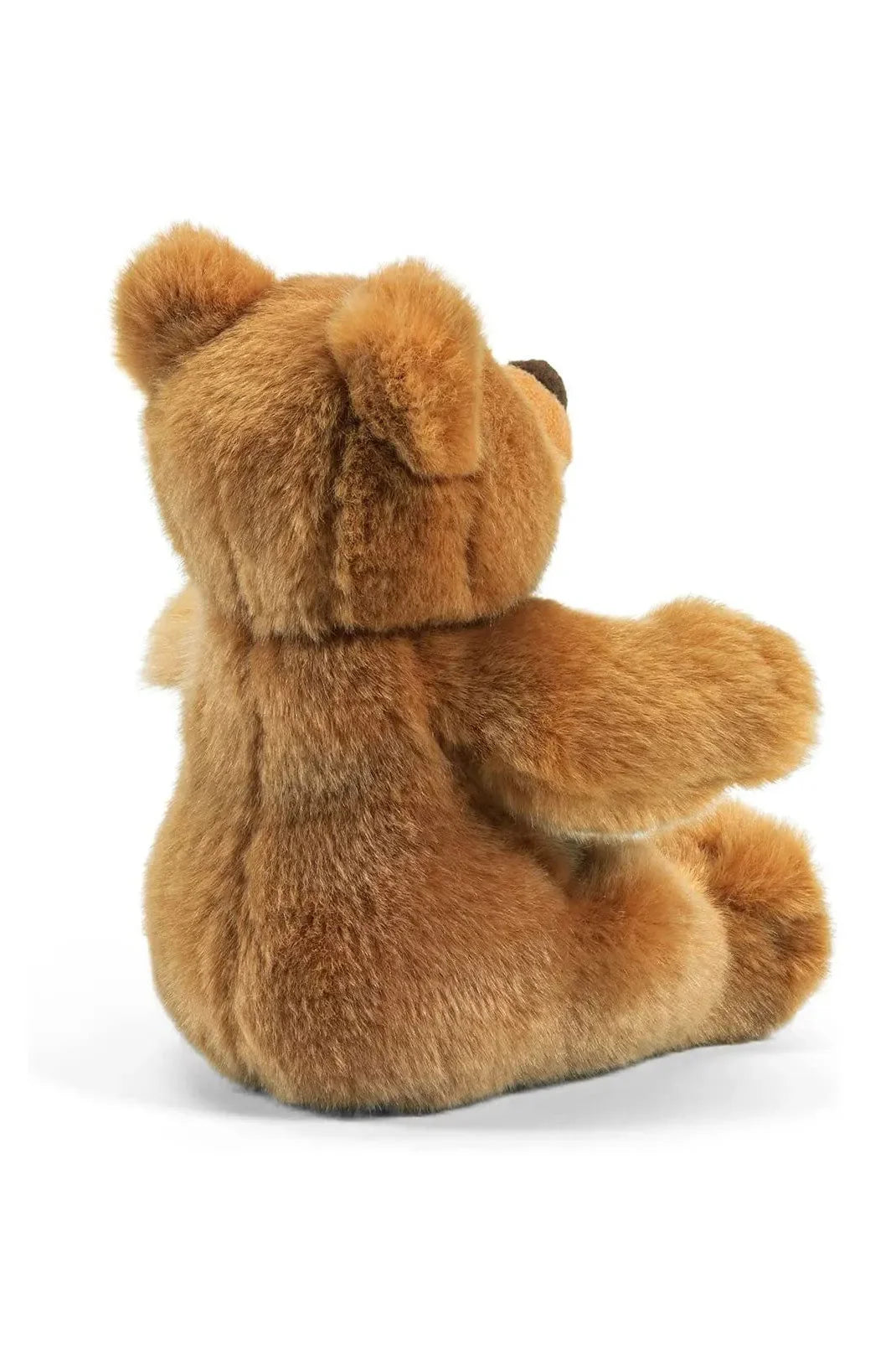 Peluches orso marrone chiaro seduto, visto di lato su sfondo bianco.